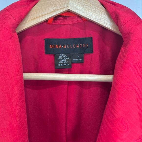 NINA MCLEMORE Open Front Textured Silk Cotton Jacket Collared Red Size 10 - Picture 3 of 7